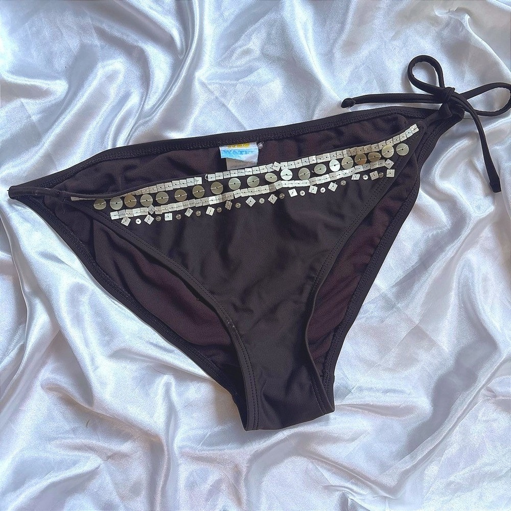 y2k Hot Water Bikini Bottom Brown Sequin Embellished Side Tie Swim L